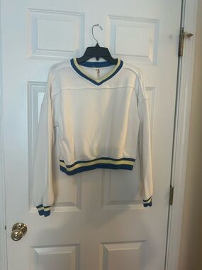 Free People White V-Neck Cropped Sweater with Blue and Yellow Trim